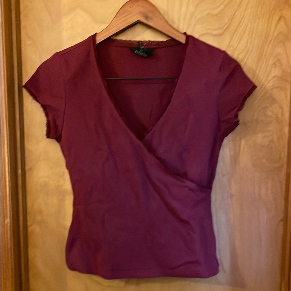 Express Burgundy Fitted Faux-Wrap Blouse with V-Neckline
